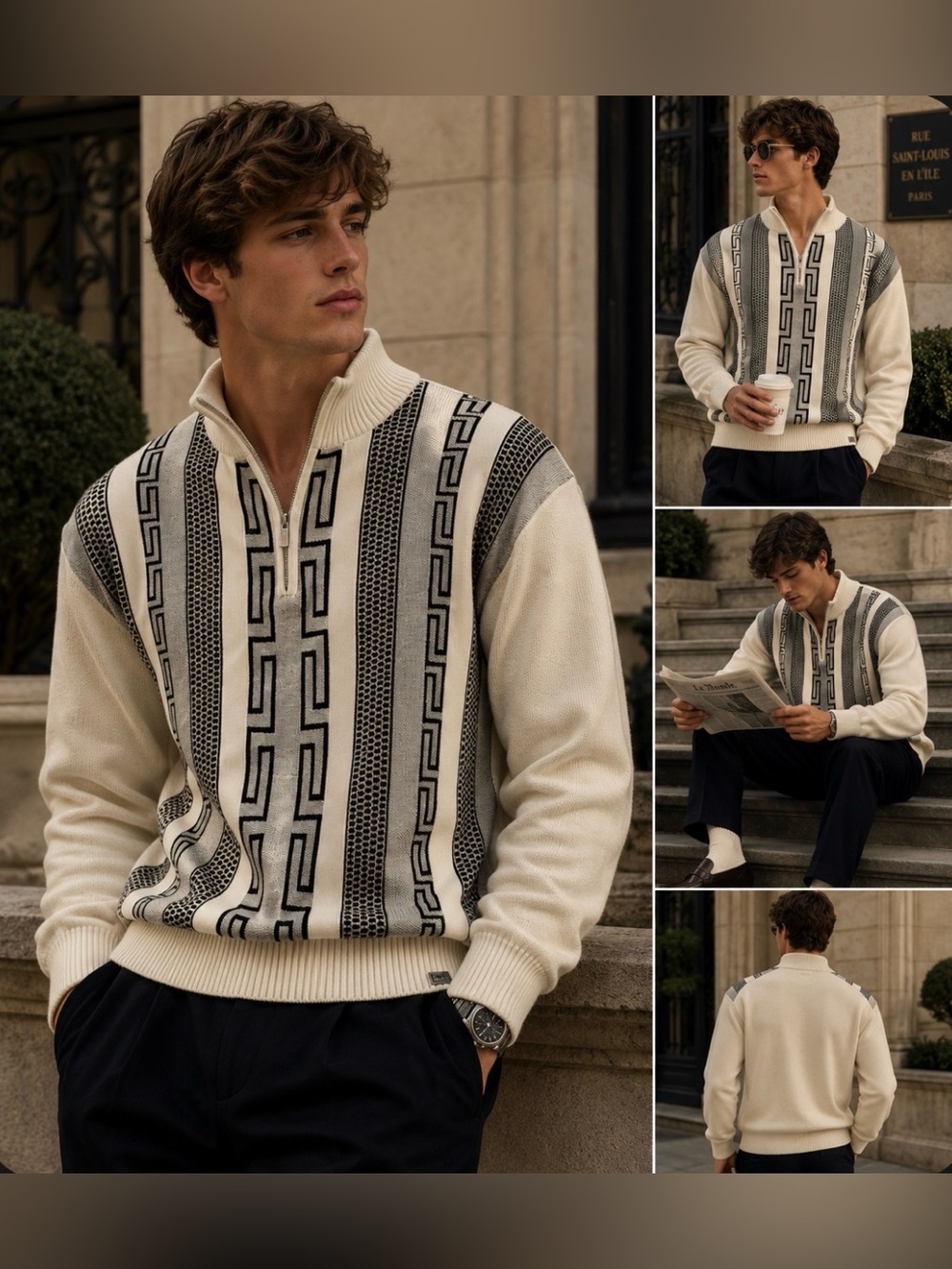 Stacey Adam’s Men's Cream & Black Patterned Old Money Preppy Sweater Size M/L